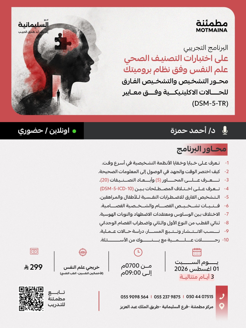 البرنامج التجريبي على اختبارات التصنيف الصحي علم النفس وفق نظام بروميتك محور التشخيص والتشخيص الفارق للحالات الإكلينيكية وفق معايير (DSM-5-TR)