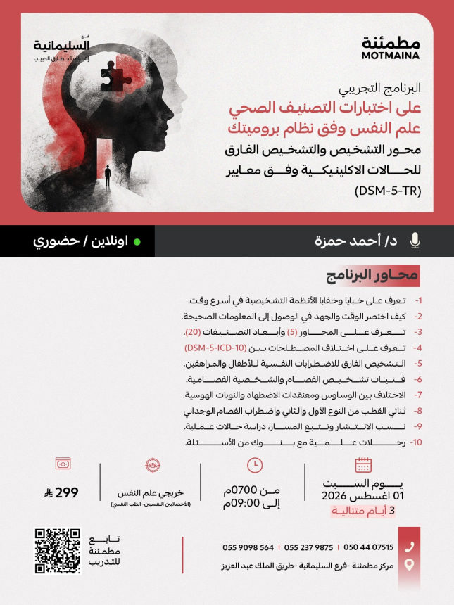 البرنامج التجريبي على اختبارات التصنيف الصحي علم النفس وفق نظام بروميتك محور التشخيص والتشخيص الفارق للحالات الإكلينيكية وفق معايير (DSM-5-TR)